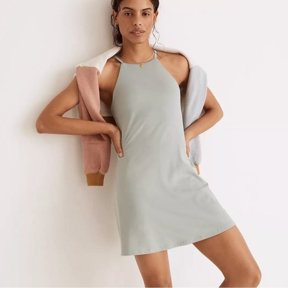 Madewell Light Sage Halter Mini Dress with Dusty Rose & Light Gray Sweater